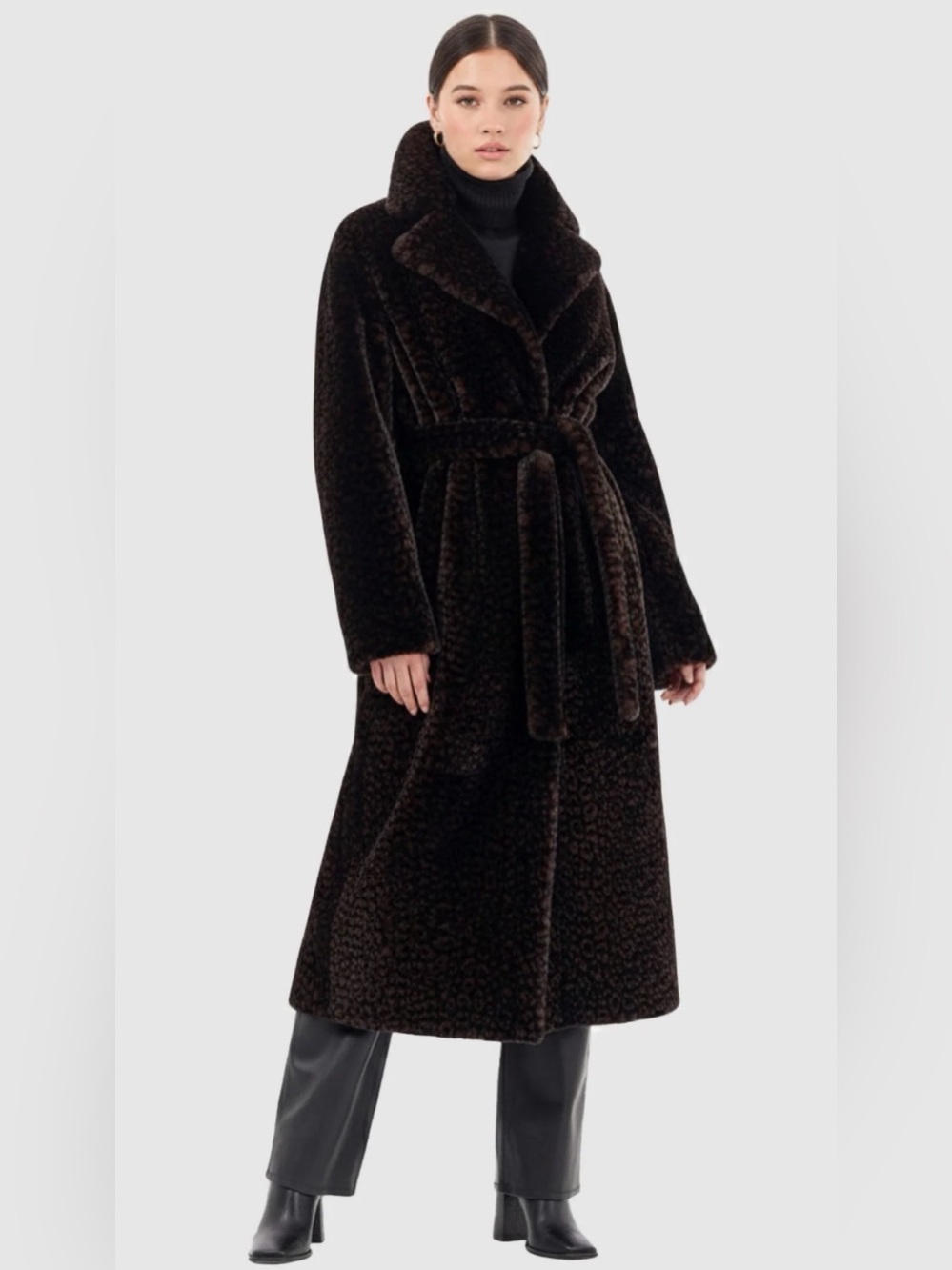 Lafayette 148 New York dark brown curly shearling belted coat.